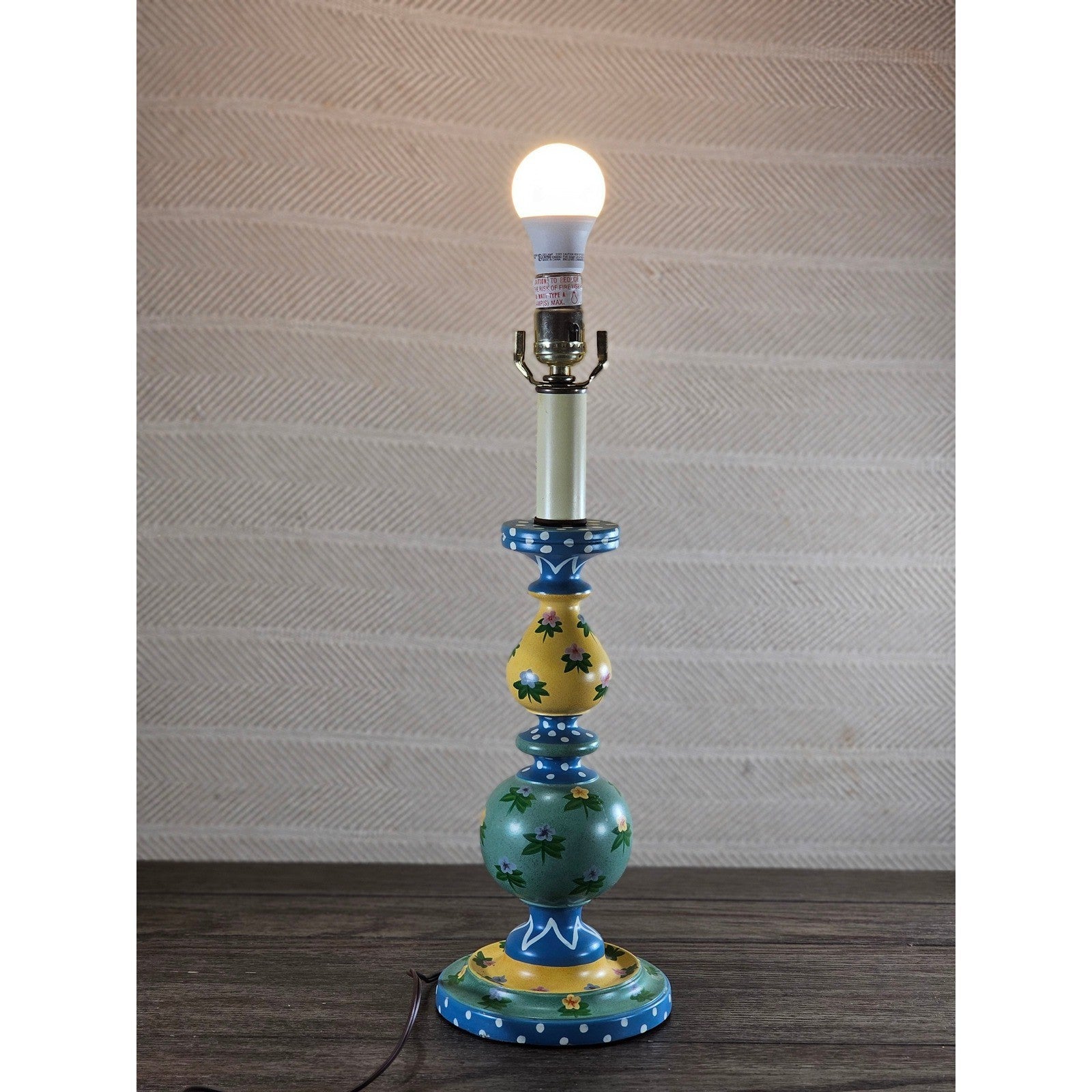 Vintage Hand Painted Wood Table Lamp Floral Blue Yellow Polka Dot