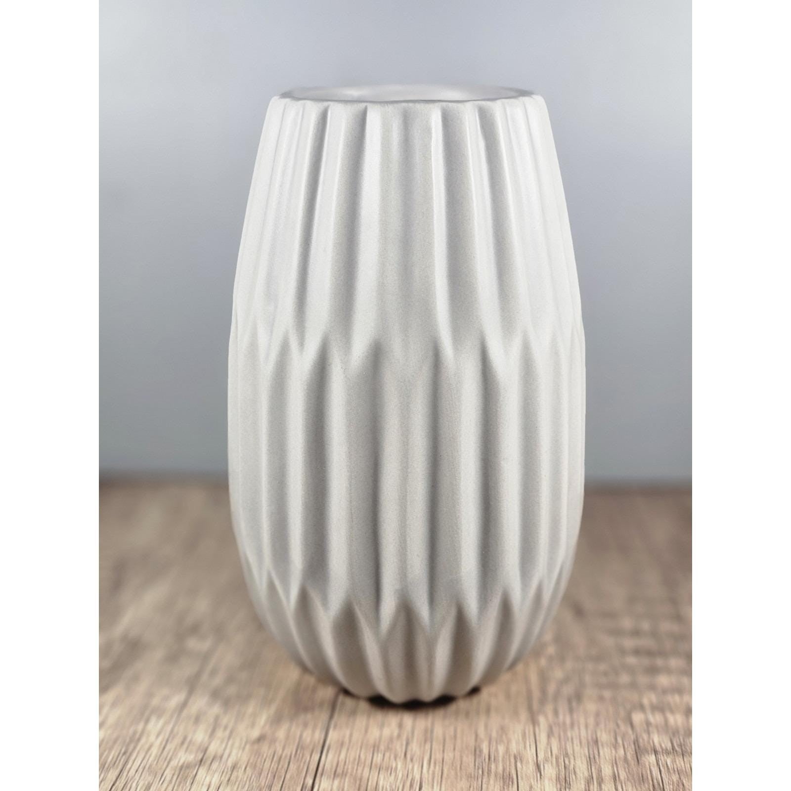 Vintage Grayish White Ribbed Ceramic Vase | 7" Tall Textured Home Decor