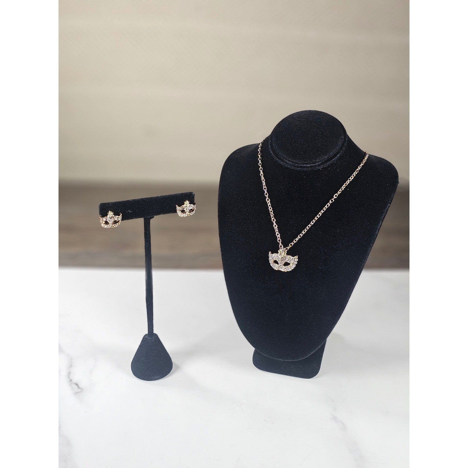 Mardi Gras Mask Necklace Earrings Set Gold Tone Rhinestone