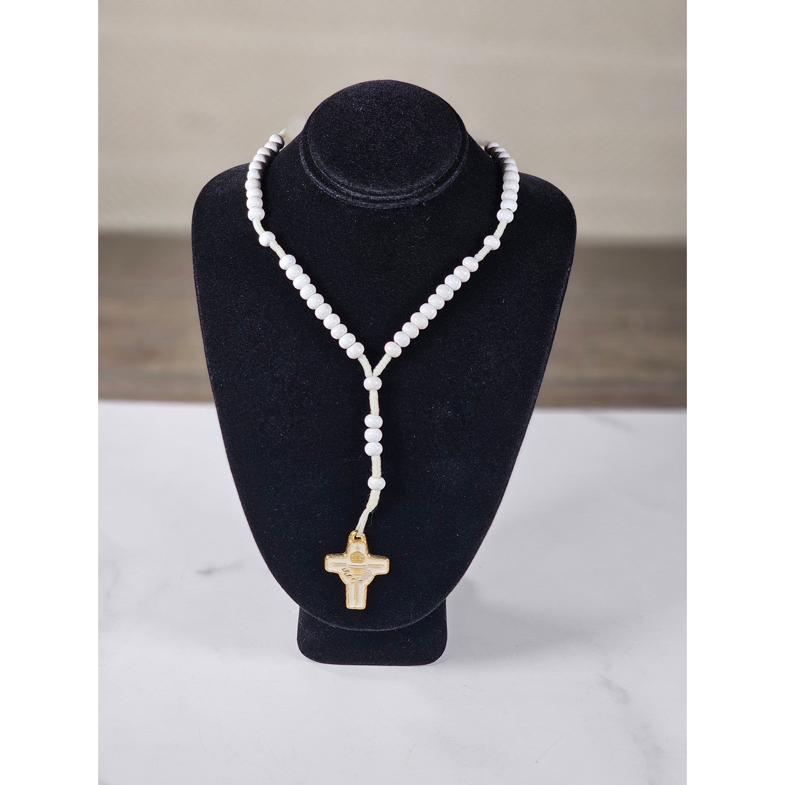 Vintage White Beaded Rosary Necklace Gold Tone Cross Pendant