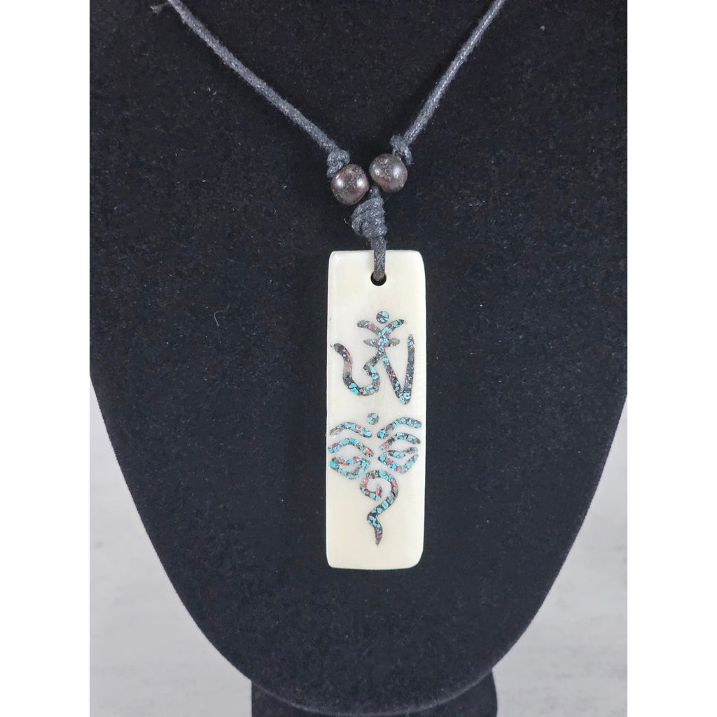 Vintage Carved Om Pendant Necklace Turquoise Inlay Rectangular