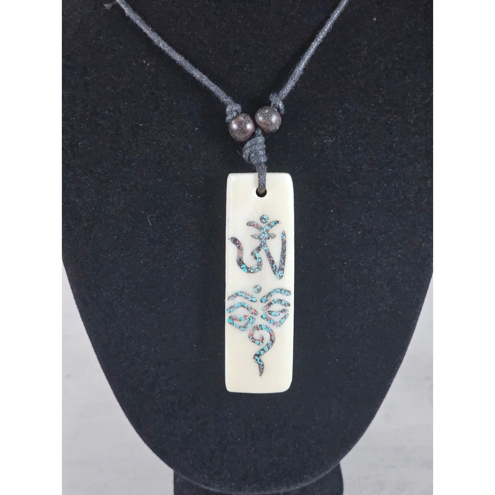Vintage Carved Om Pendant Necklace Turquoise Inlay Rectangular