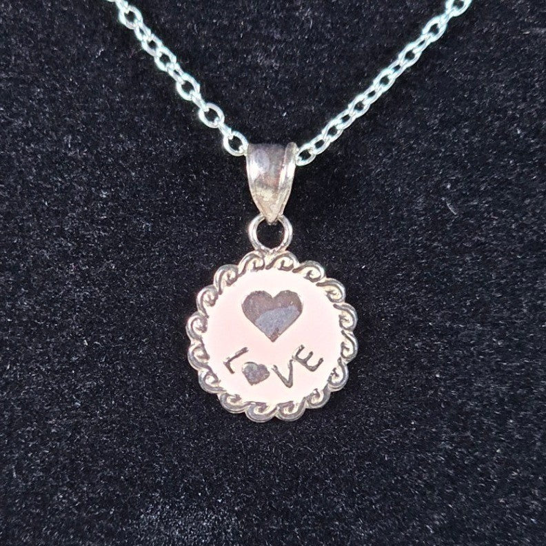 Vintage Sterling Silver Love Heart Pendant Necklace Scalloped Edge