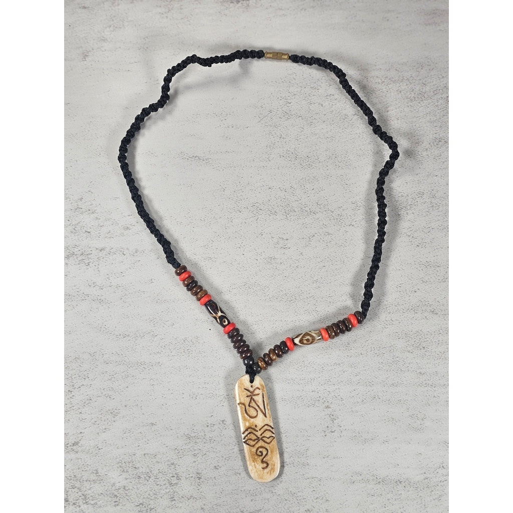 Vintage Carved Pendant Necklace Beaded Tribal Style Statement