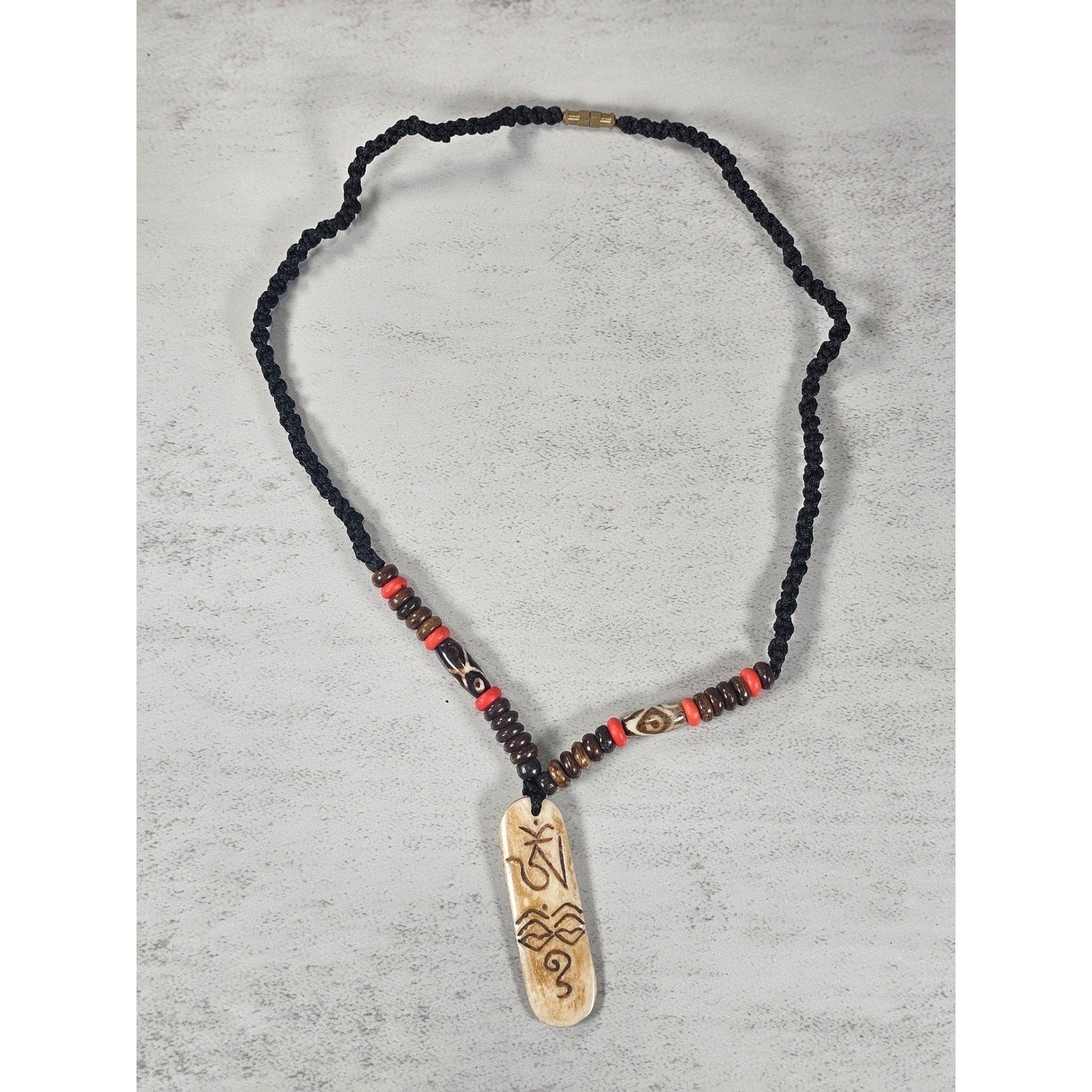 Vintage Carved Pendant Necklace Beaded Tribal Style Statement