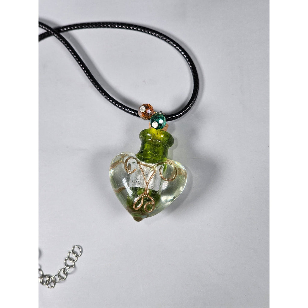 Green Glass Heart Bottle Necklace with Cork Stopper on Black Cord