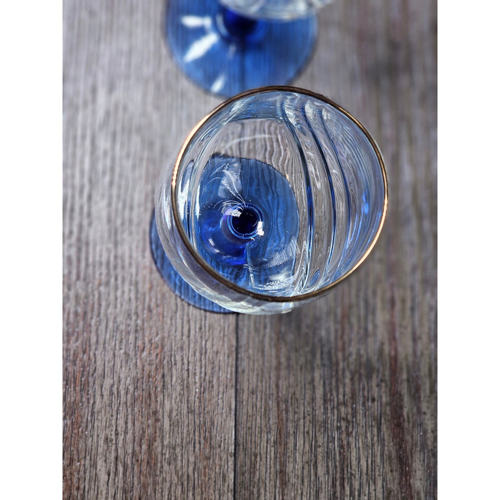 Vintage Blue Stem Wine Glasses Set of 2 Gold Rim Clear Bowl 8 Inch