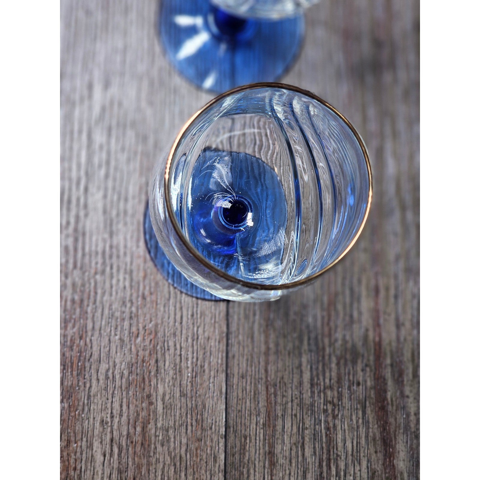 Vintage Blue Stem Wine Glasses Set of 2 Gold Rim Clear Bowl 8 Inch