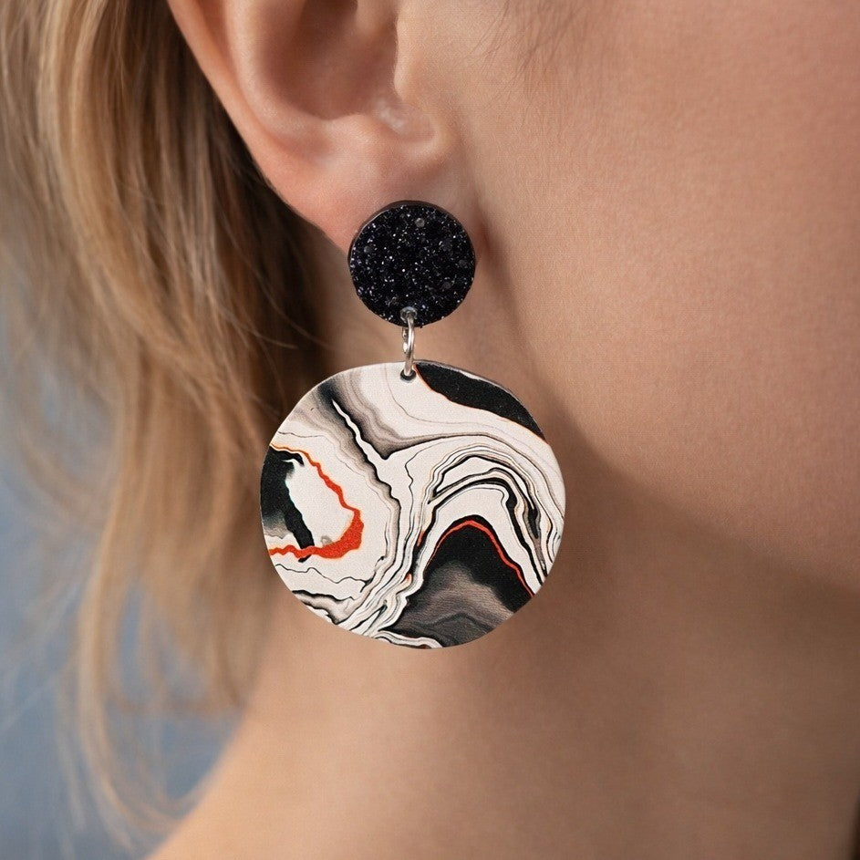 Abstract Black & White Disc Earrings with Red Accents | Pierced Stud Dangles
