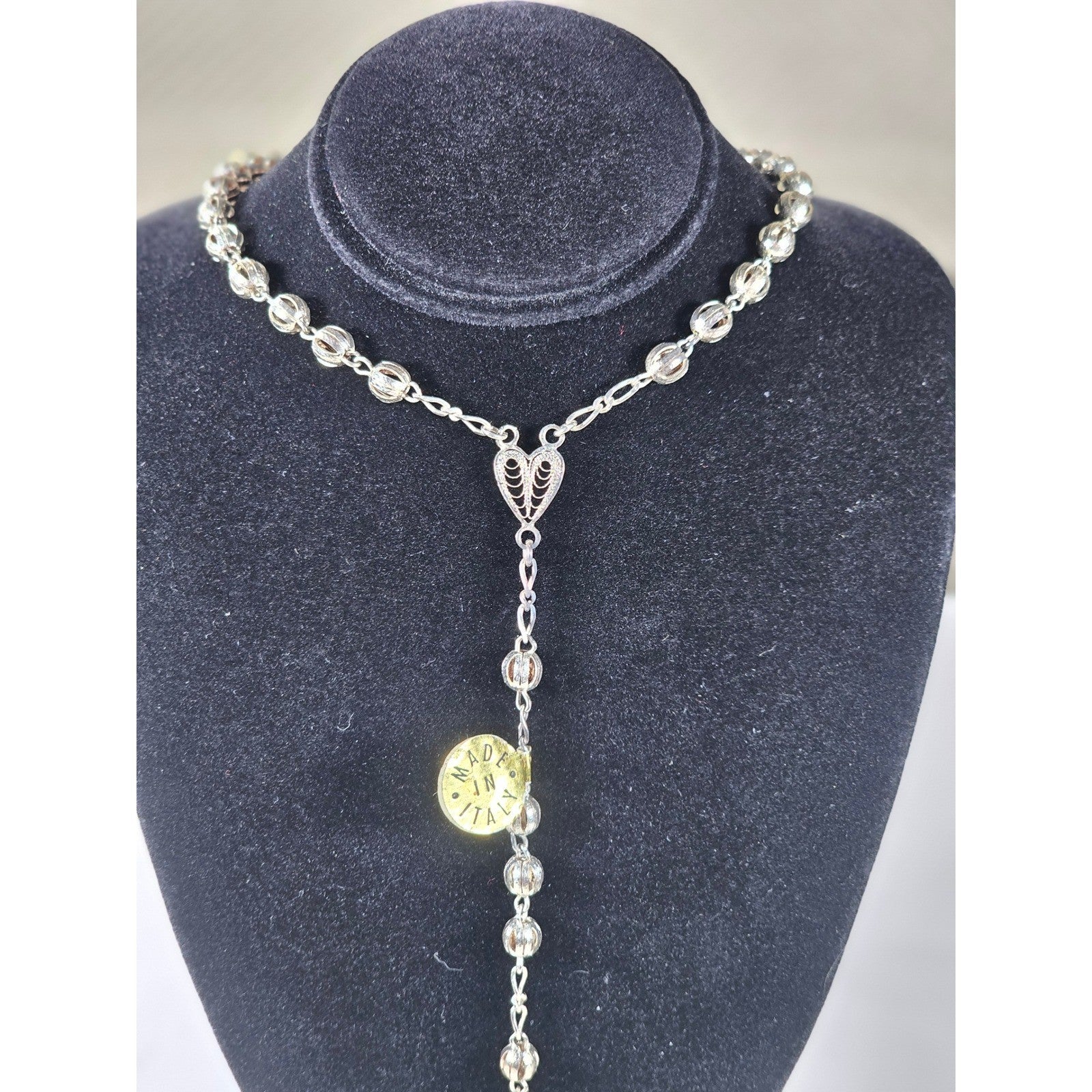 Vintage Silver Tone Rosary Necklace with Filigree Cross Pendant