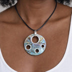 Vintage Abalone Shell Circle Pendant Necklace Silver Tone