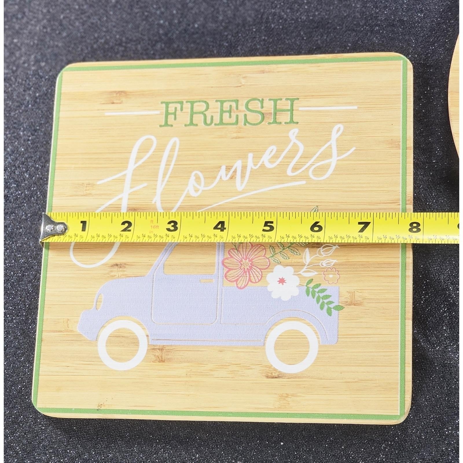 Vintage Bamboo Trivet Set Hello Spring Fresh Flowers Farmhouse Kitchen Decor