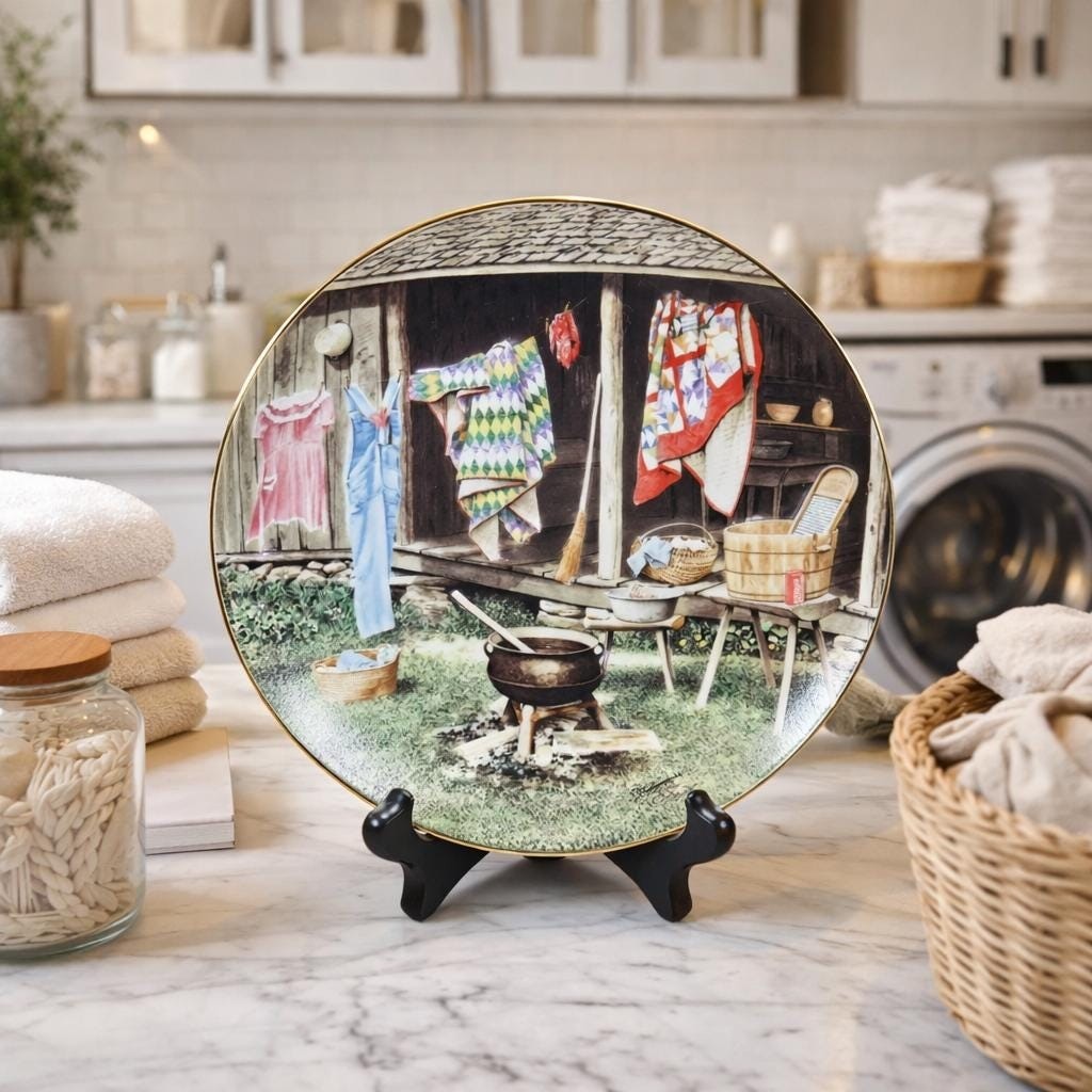 Vintage Mel Steele Wash Day Plate Americana Rural Scene Gold Rim 8.75"