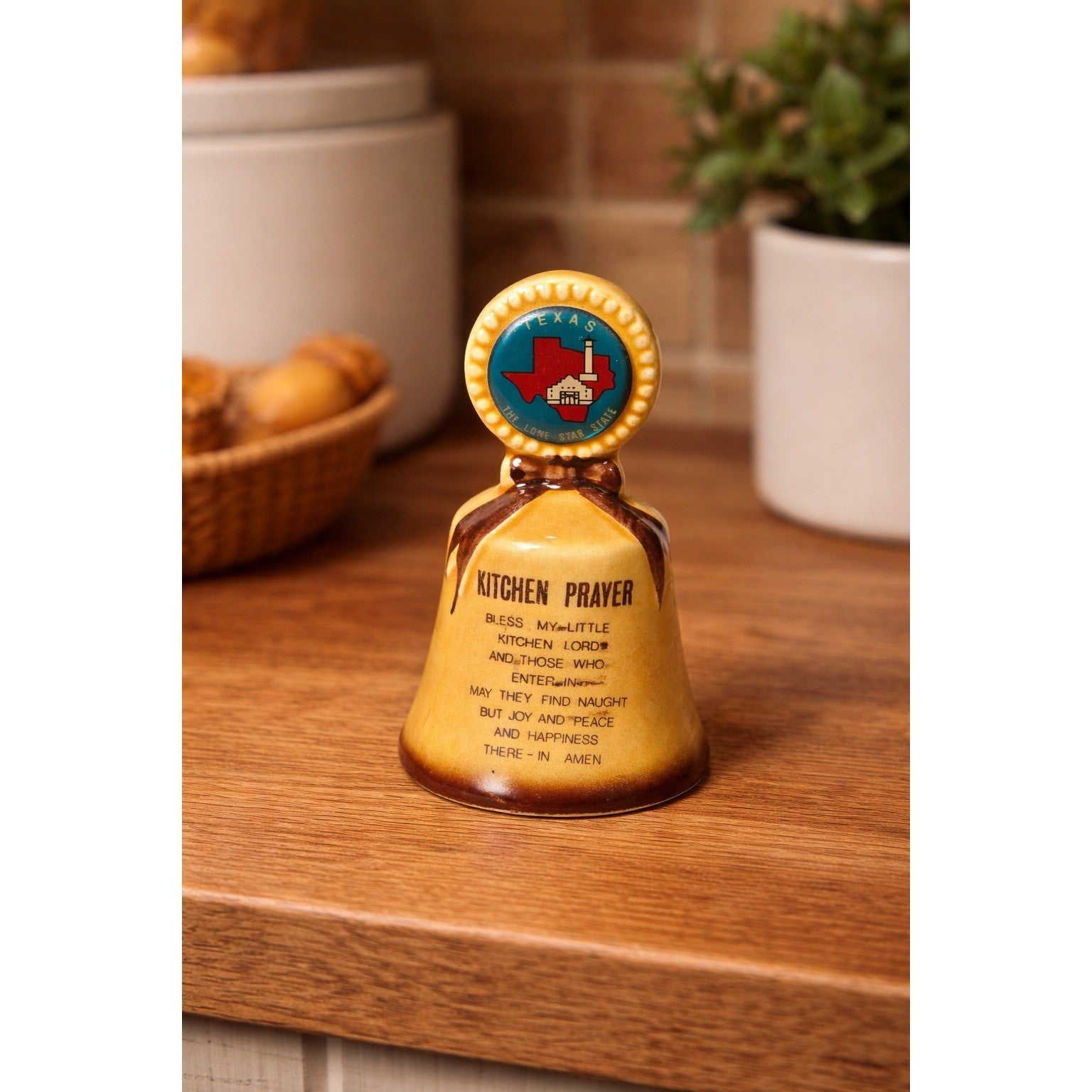 Vintage Texas Kitchen Prayer Bell Ceramic Lone Star Alamo Decor