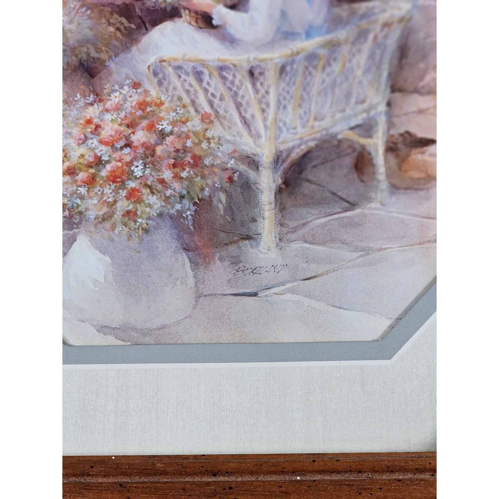 Vintage Framed Pastoral Art Print Octagon Wood Frame Cottage Garden Scene