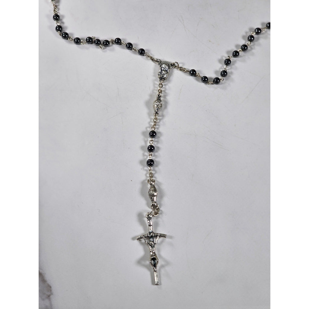 Vintage Black Bead Rosary Necklace Silver Tone Crucifix Catholic