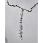 Vintage Black Bead Rosary Necklace Silver Tone Crucifix Catholic