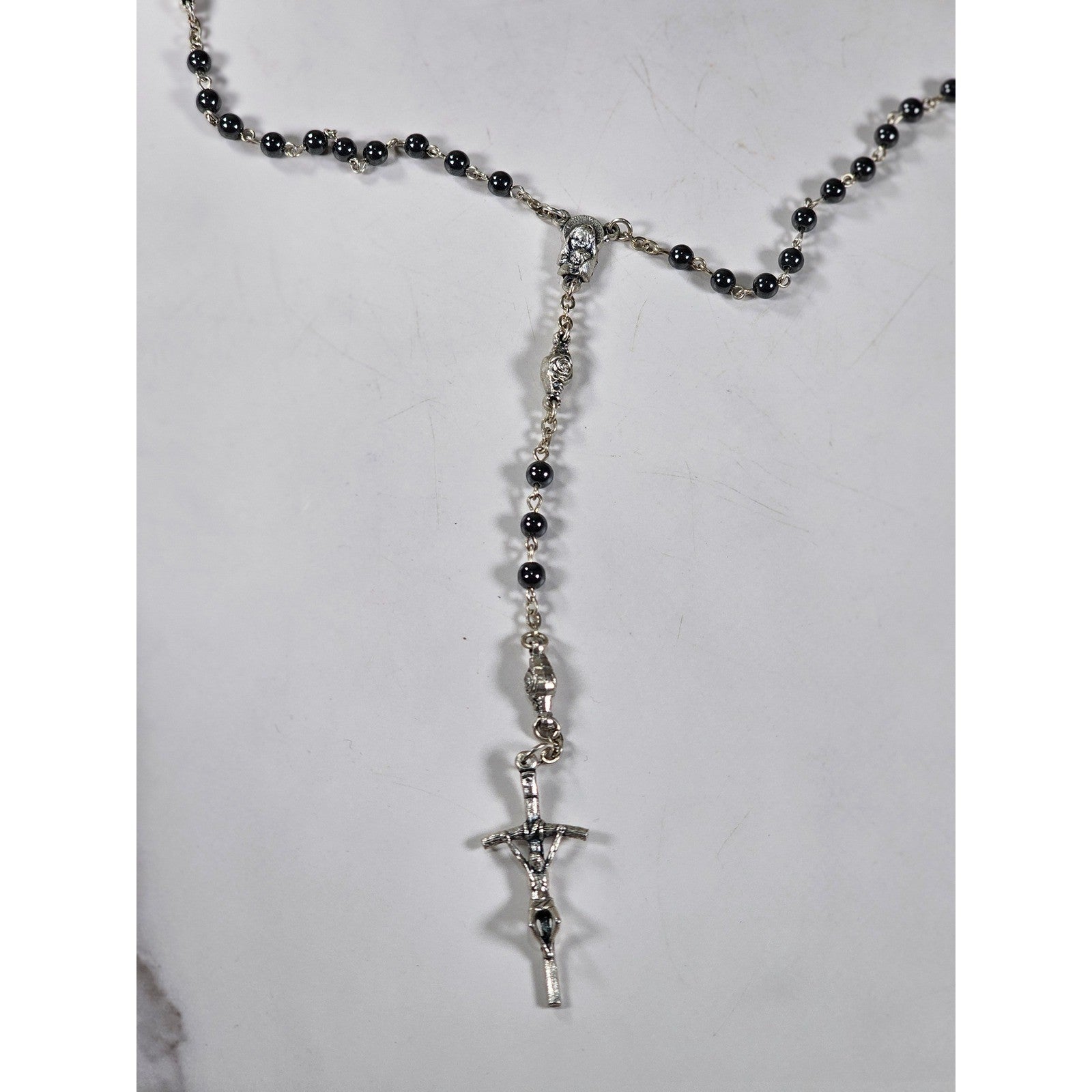 Vintage Black Bead Rosary Necklace Silver Tone Crucifix Catholic