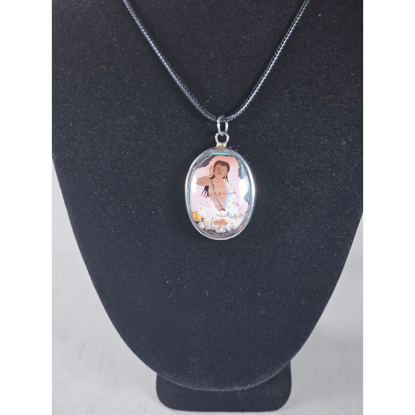 Vintage Oval Art Pendant Necklace Silver Tone on Black Cord