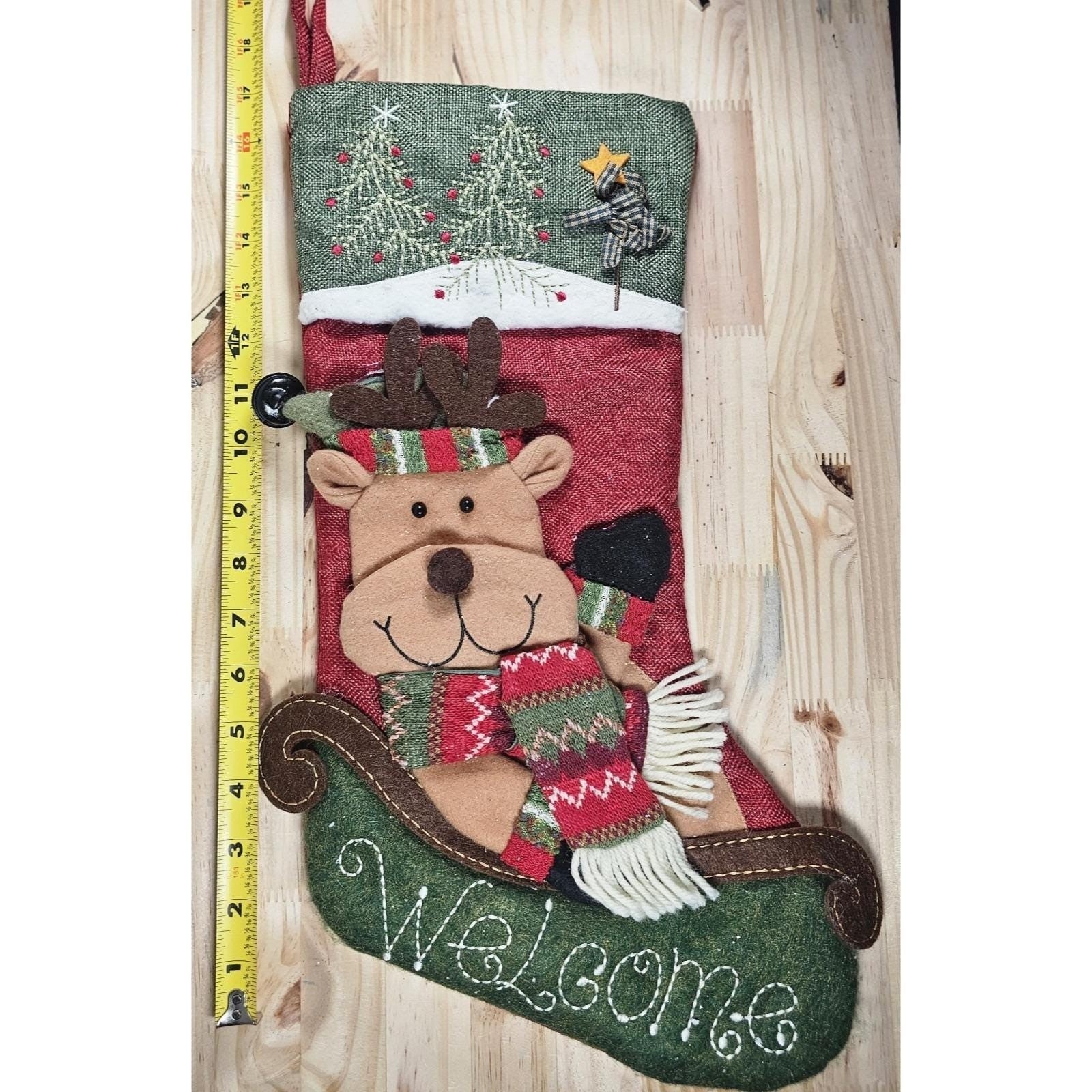 Vintage Christmas Stocking Reindeer Sleigh Red Green Holiday Decor 18"