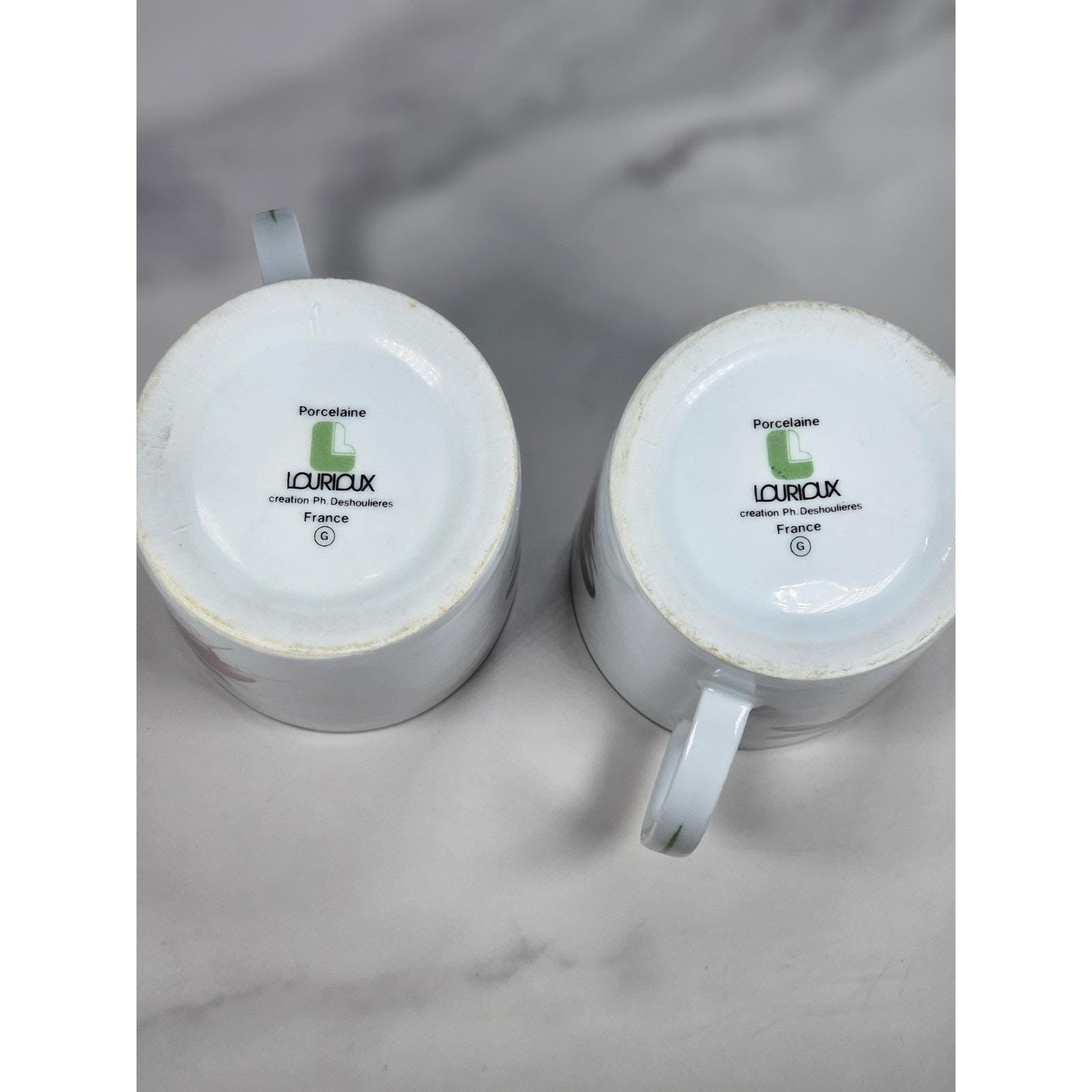 Vintage Lourioux Porcelain Botanical Mugs Set of 2 Radish Mushroom