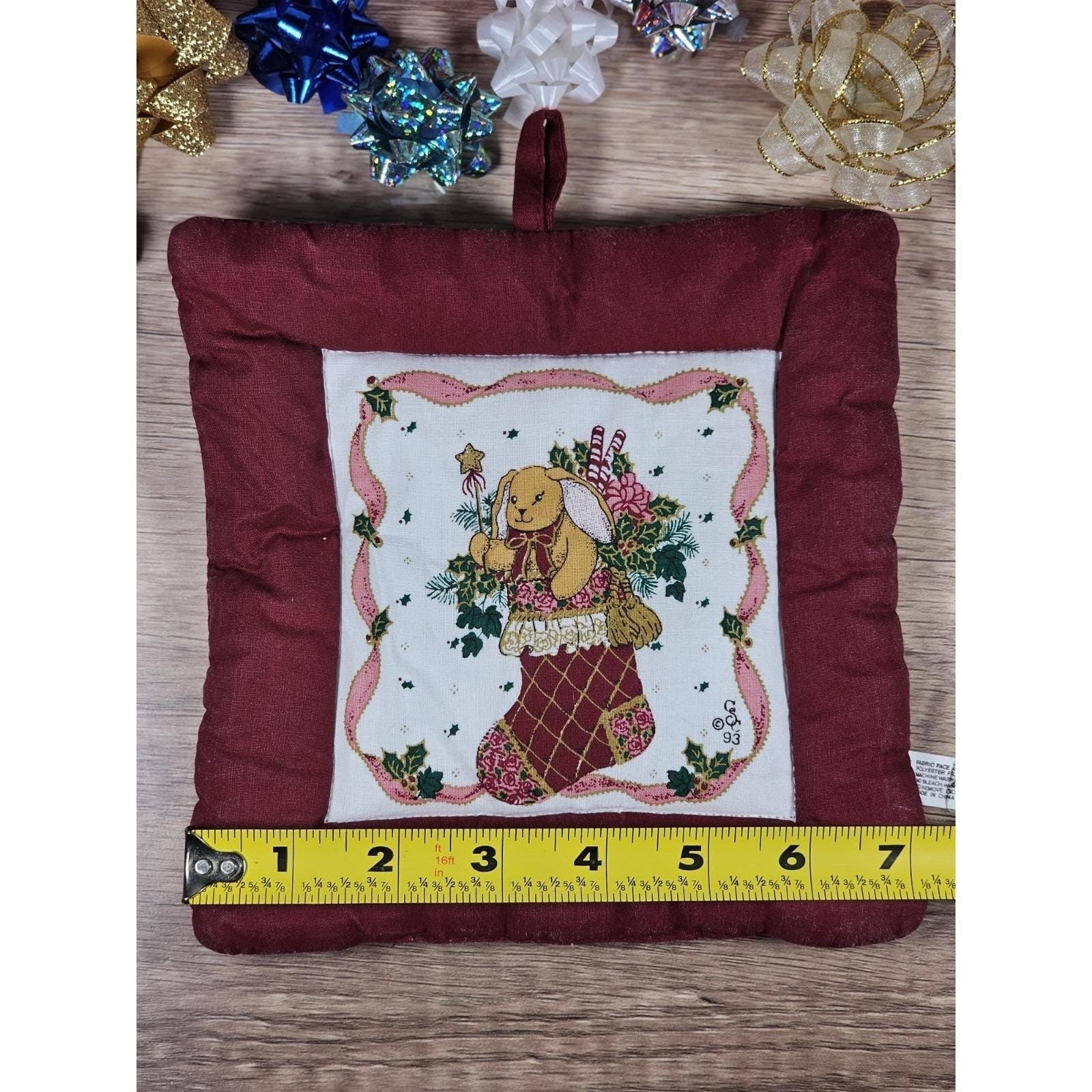 Handmade Quilted Bear Ornament Stocking Burgundy Christmas Decor