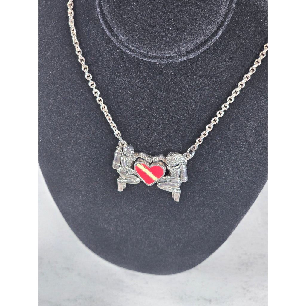 Vintage Sterling Silver Diver Heart Necklace Red Enamel Pendant