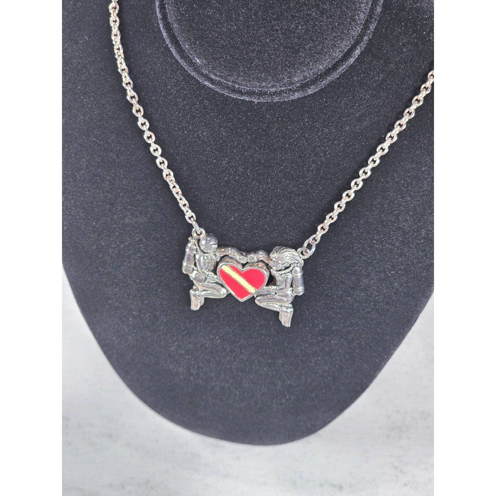 Vintage Sterling Silver Diver Heart Necklace Red Enamel Pendant