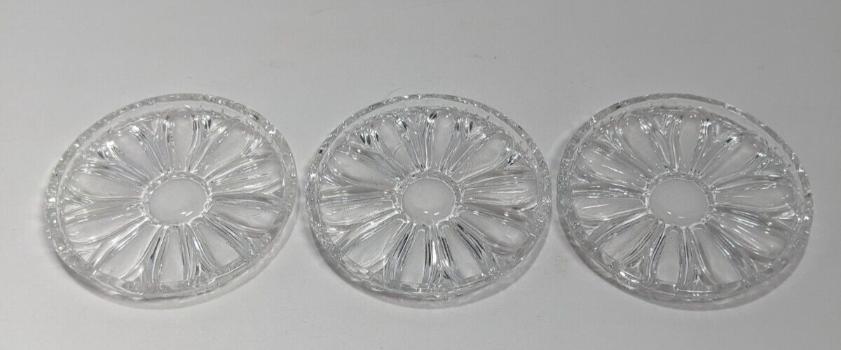Set of 3 Cut Glass Flower Drink Coasters 3-3/4" diameter