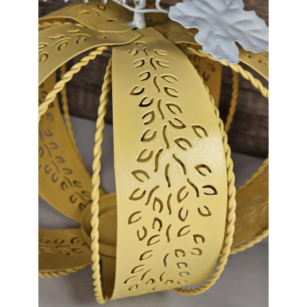 Yellow Metal Pumpkin Lantern with Leaf Cutouts | Fall Decor | Candle Holder