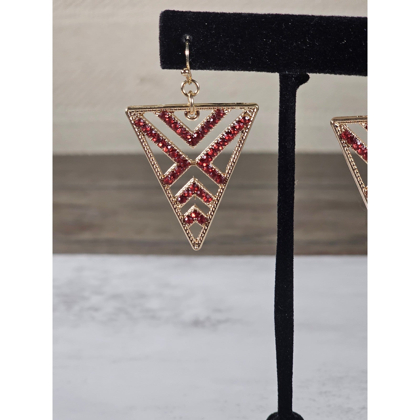 Gold Tone Red Rhinestone Triangle Dangle Earrings Geometric