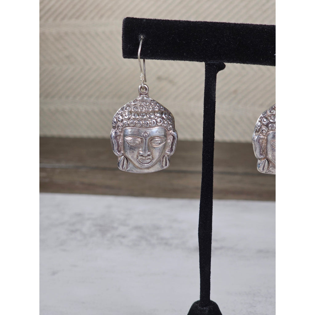 Vintage Sterling Buddha Head Dangle Earrings Spiritual Boho