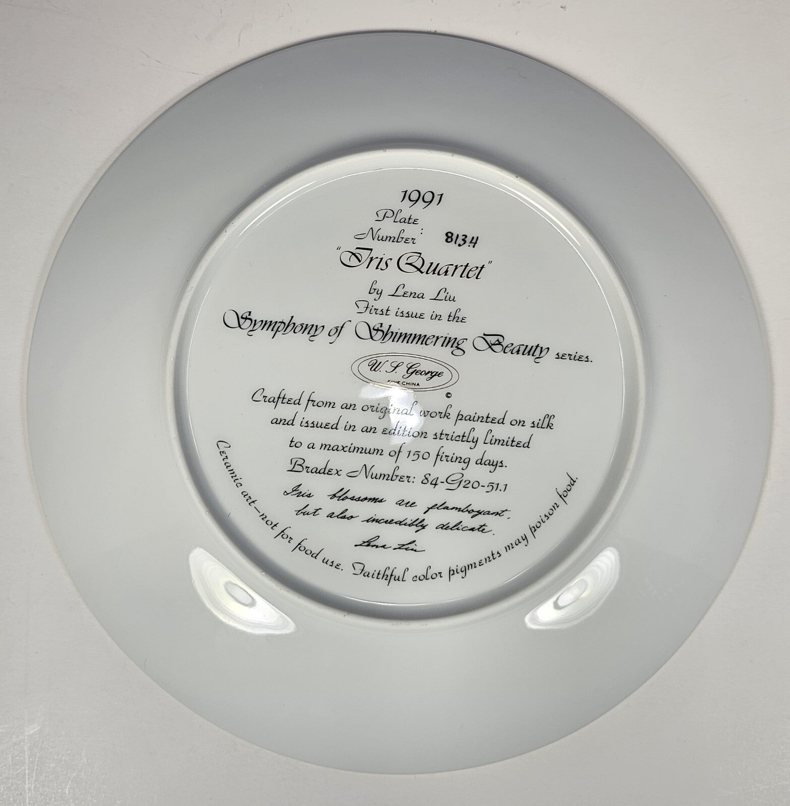 W S George “Iris Quartet” Collector Plate by Lena Liu Fine China Floral