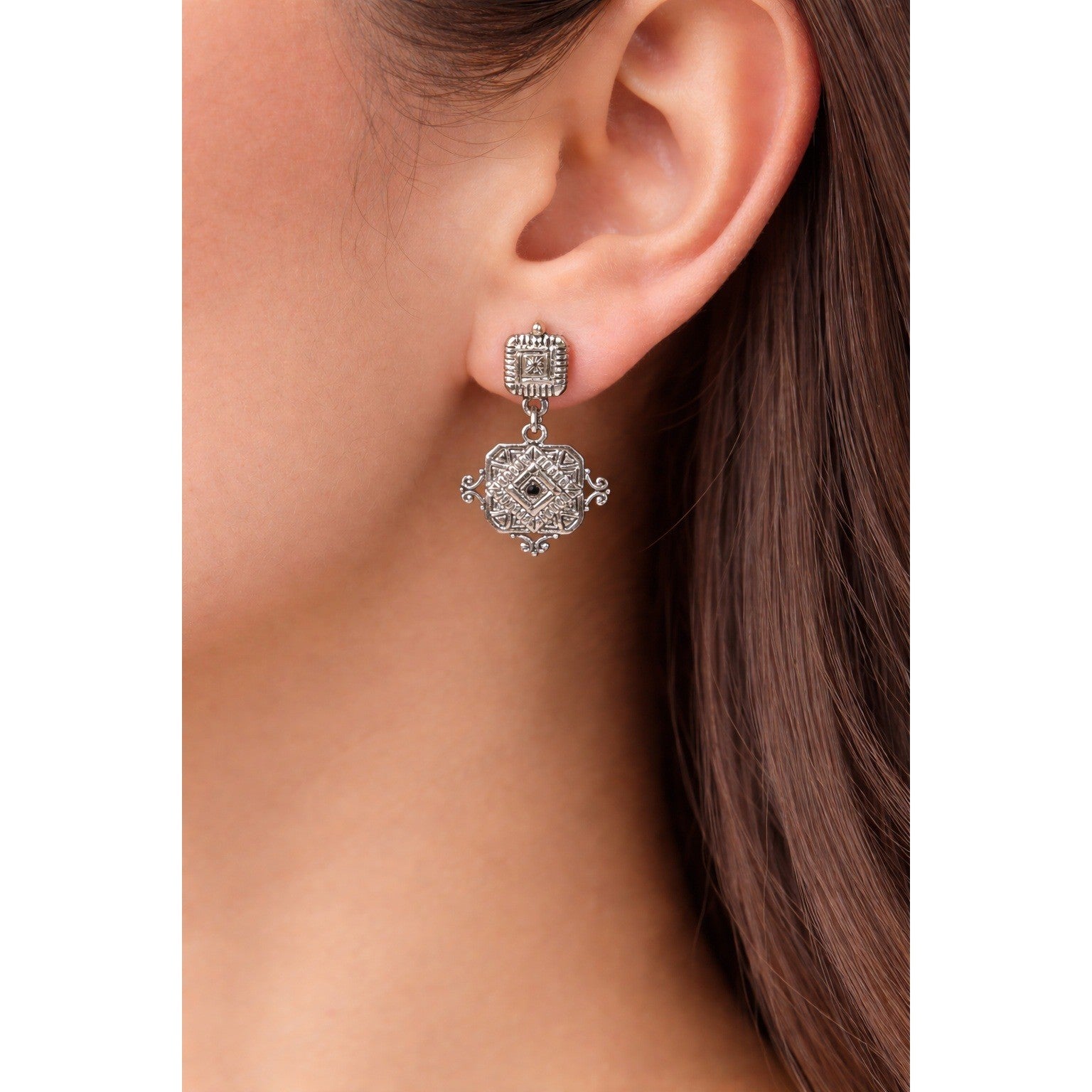 Vintage Silver Tone Geometric Drop Earrings Pierced Statement Dangles