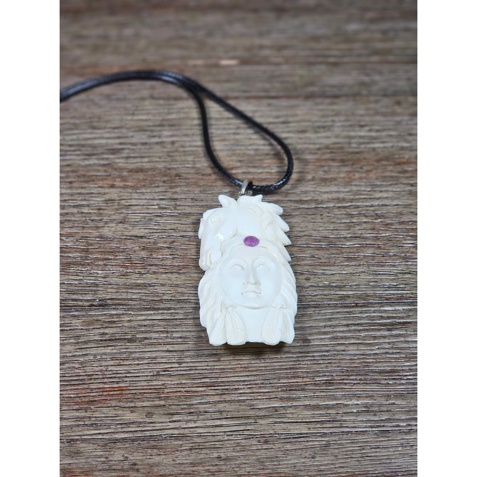 Vintage Carved Woman Horse Pendant Necklace Purple Stone