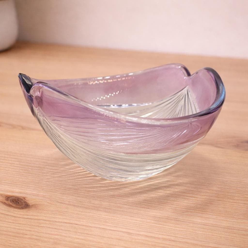 Vintage Ribbed Glass Bowl Purple Satin Edge Serving Dish