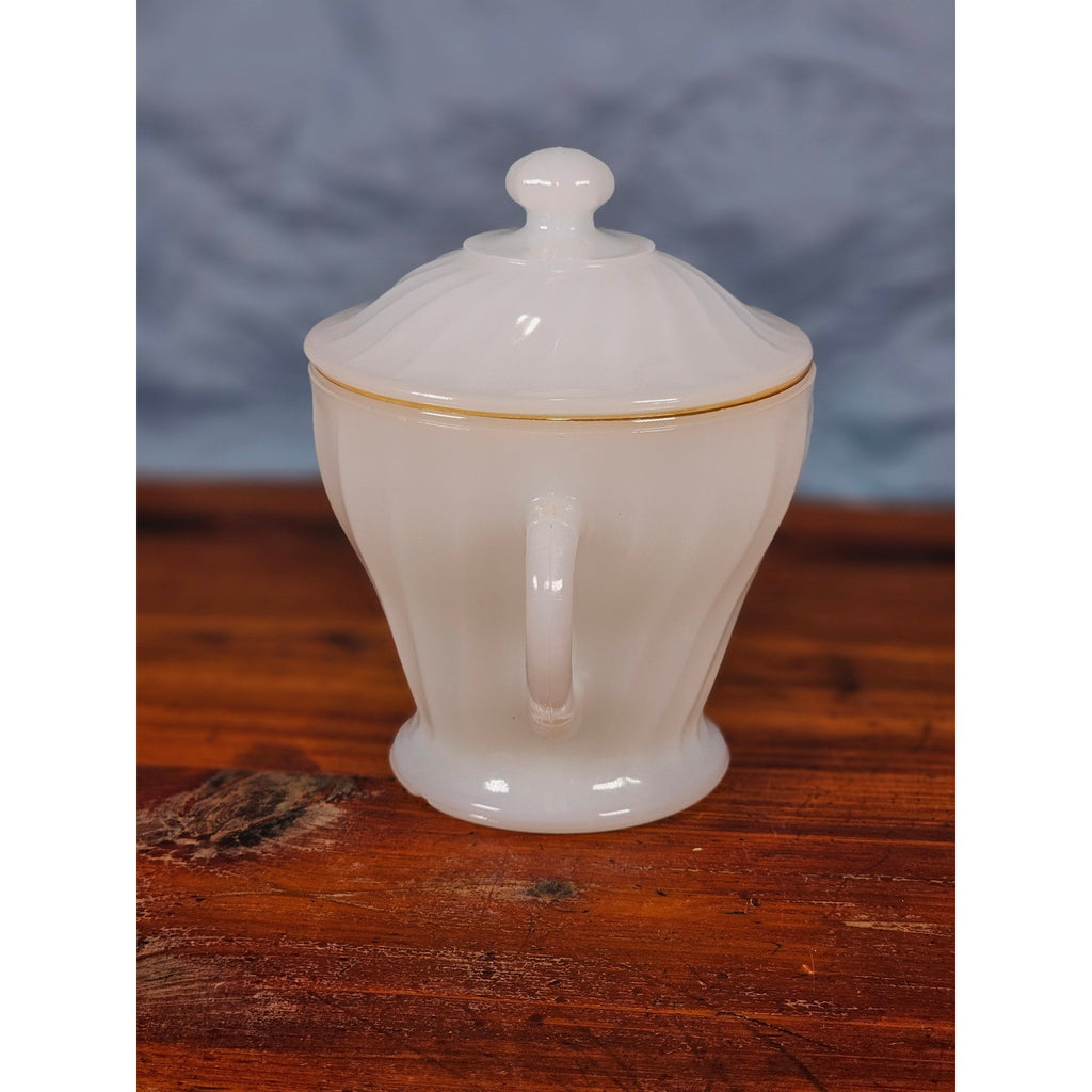 Vintage Milk Glass Sugar Bowl with Lid Gold Trim Fluted Handles