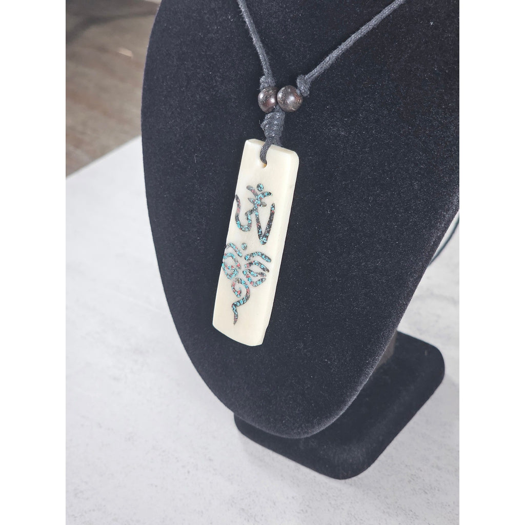 Vintage Carved Om Pendant Necklace Turquoise Inlay Rectangular