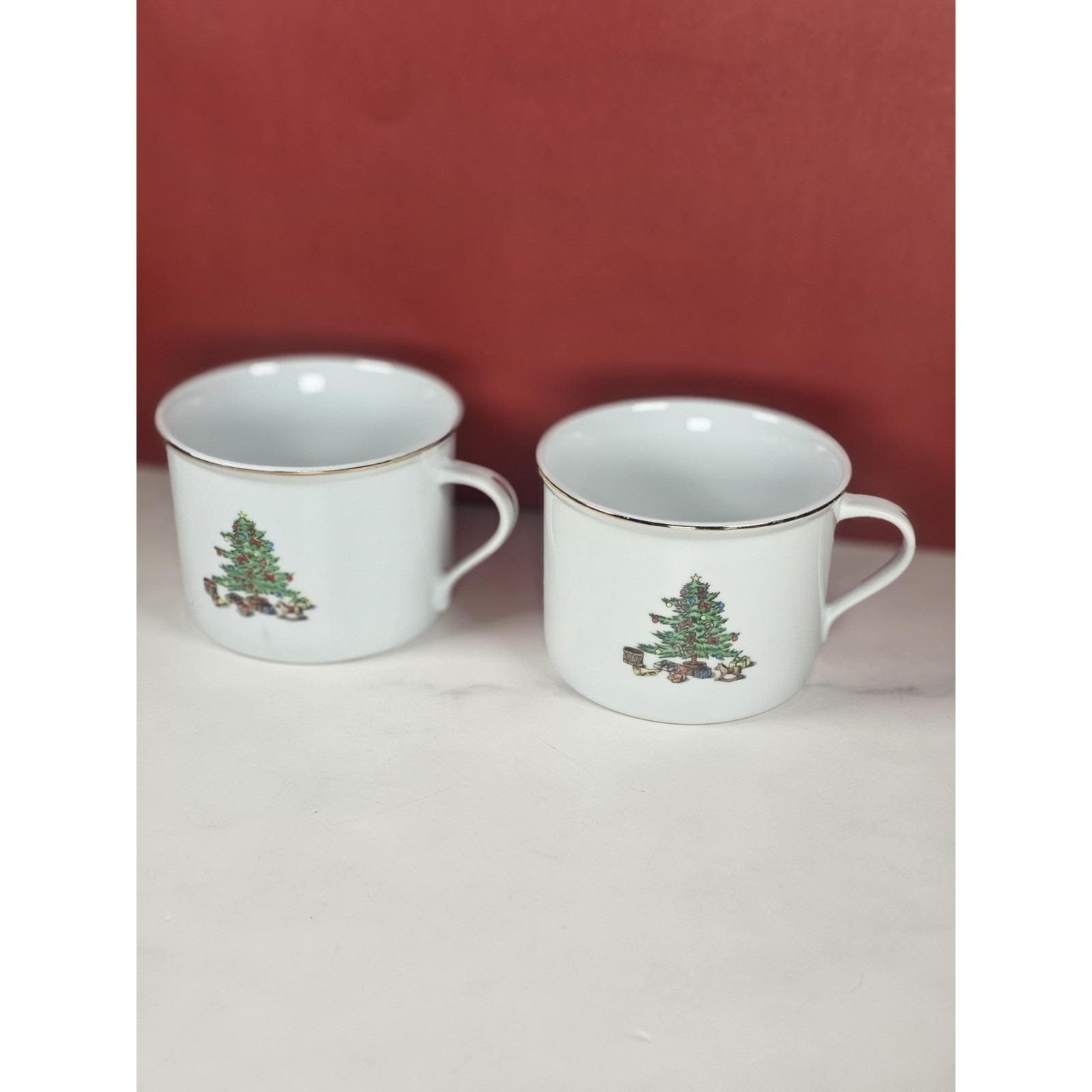 Vintage Tienshan Christmas Tree Mugs Set of 2 Porcelain Holiday Cups
