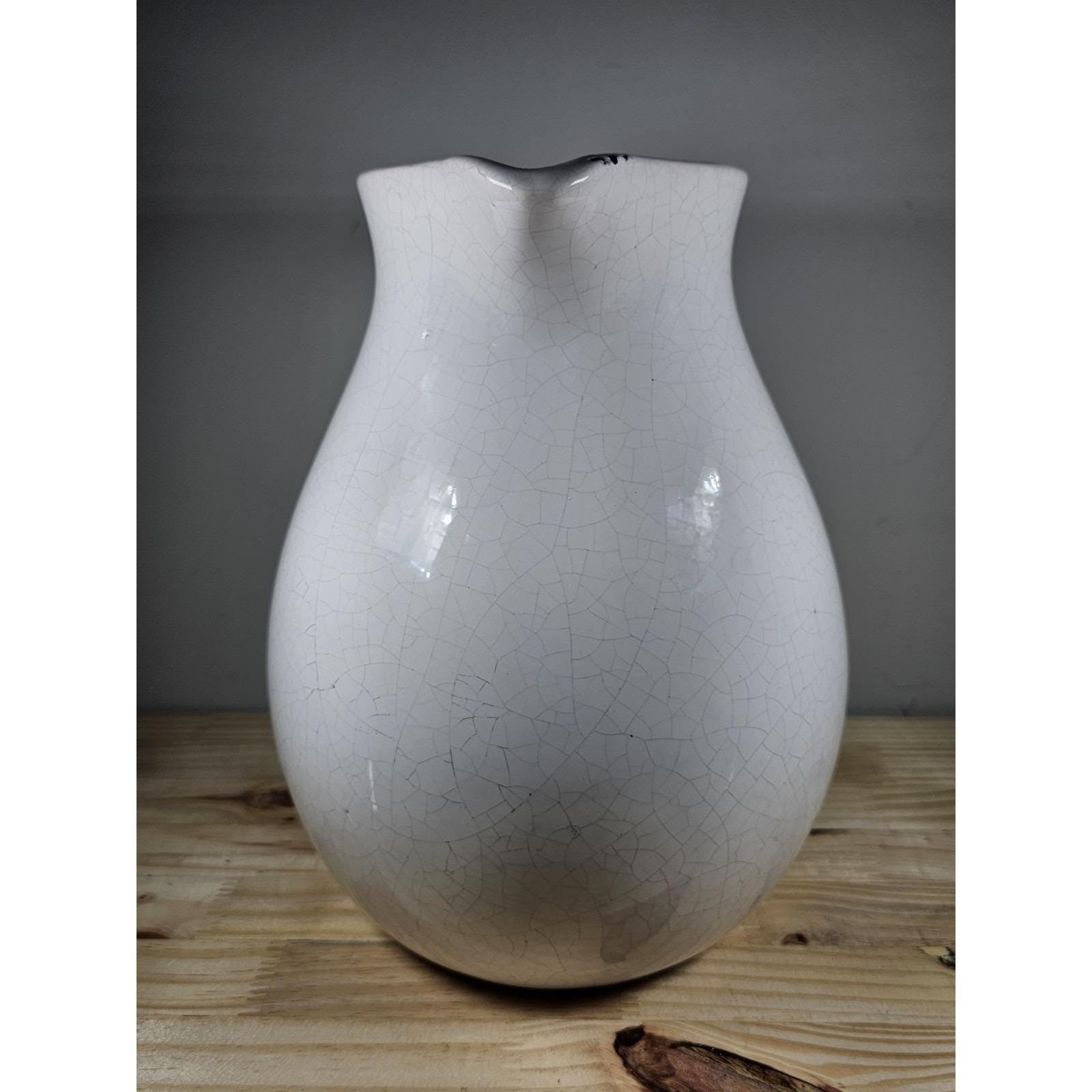 White Crackle Ceramic Pitcher Rustic Farmhouse Decor 10 Inch