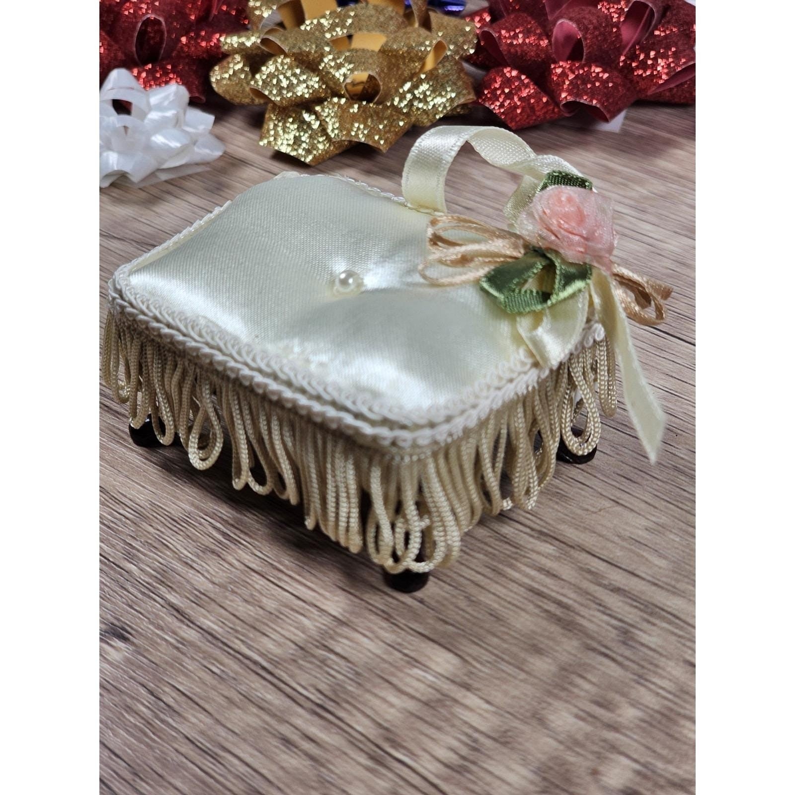 Vintage Miniature Satin Stool Ornament White Pearl Trim Dollhouse