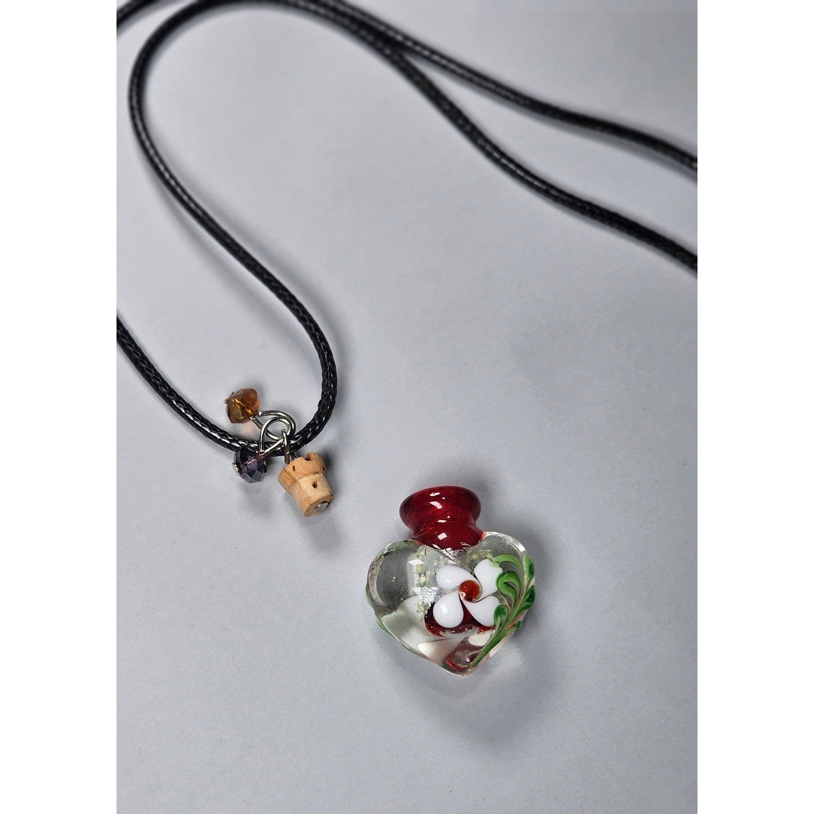 Vintage Handblown Glass Heart Bottle Pendant Necklace with Cork Stopper