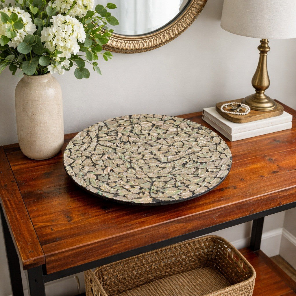 Vintage Abalone Shell Mosaic Tray or Wall Decor Round 18 Inch Coastal