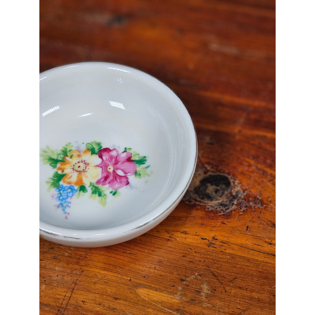 Vintage Floral Porcelain Dipping Bowl with Gold Rim – Small Trinket Dish