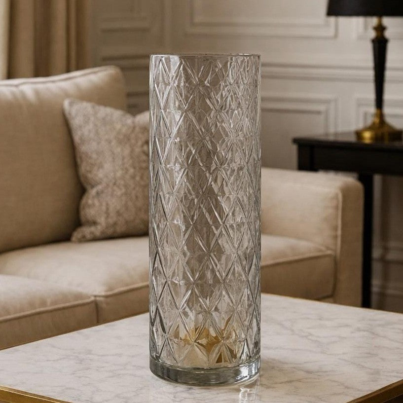 Vintage Diamond Cut Glass Vase 12" Tall Clear Cylinder Floral Vase