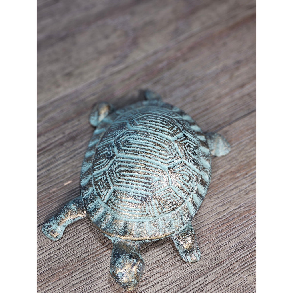 Cast Iron Turtle Decor Tabletop Accent Green Patina Coastal Figurine