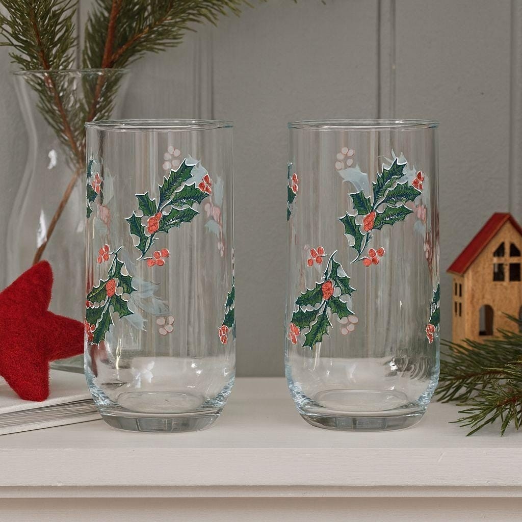 Vintage Holly Glass Tumblers Set of 2 Indiana Glass Holiday Drinkware