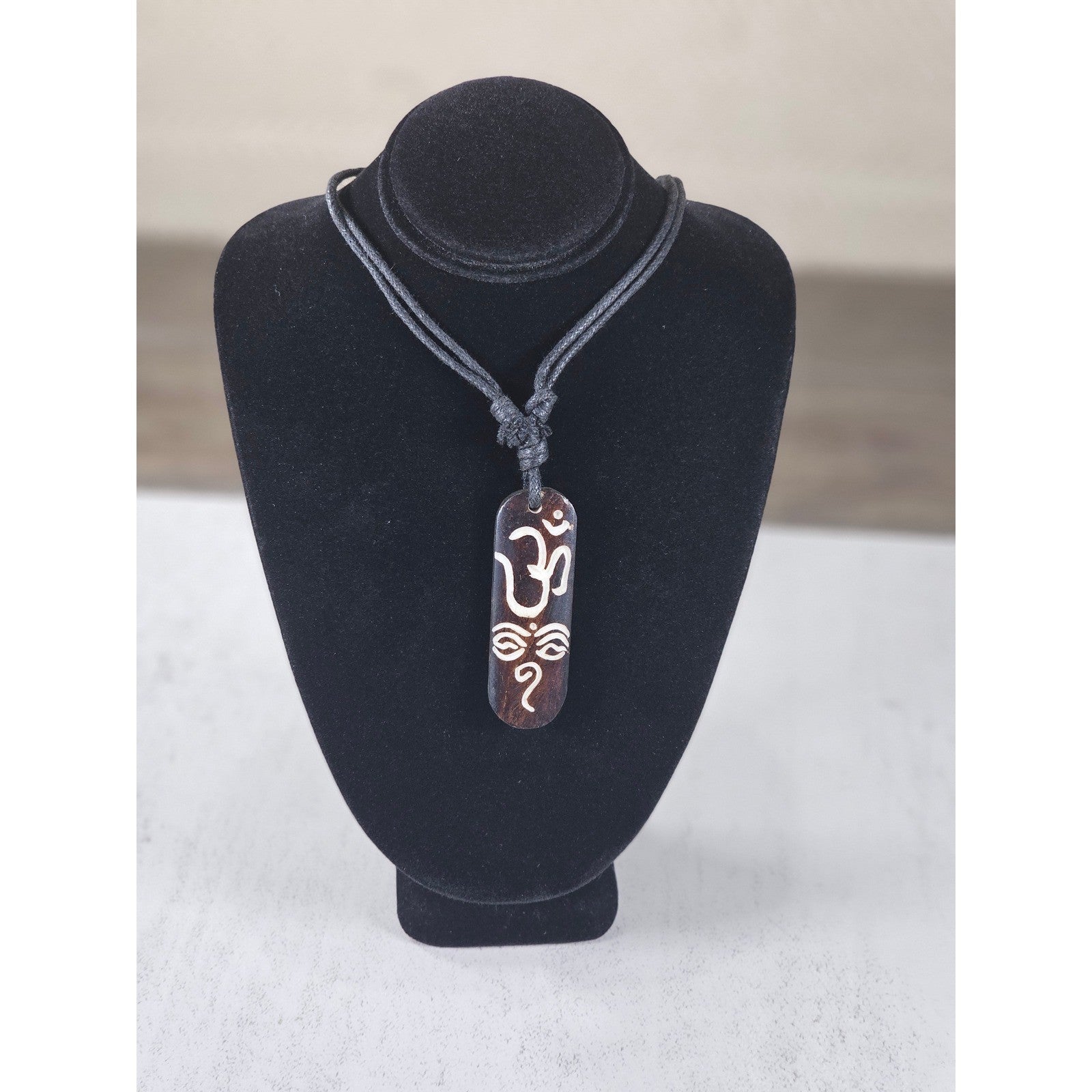 Vintage Om Ganesha Wooden Pendant Necklace Adjustable Cord