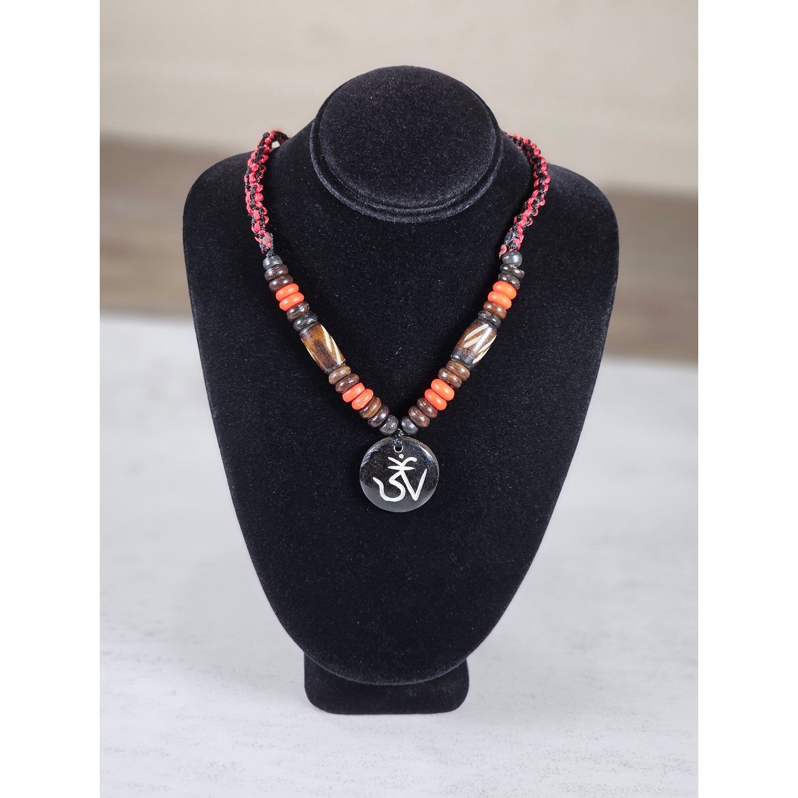 Vintage Om Pendant Necklace Wood Bead Red Black Cord Unisex