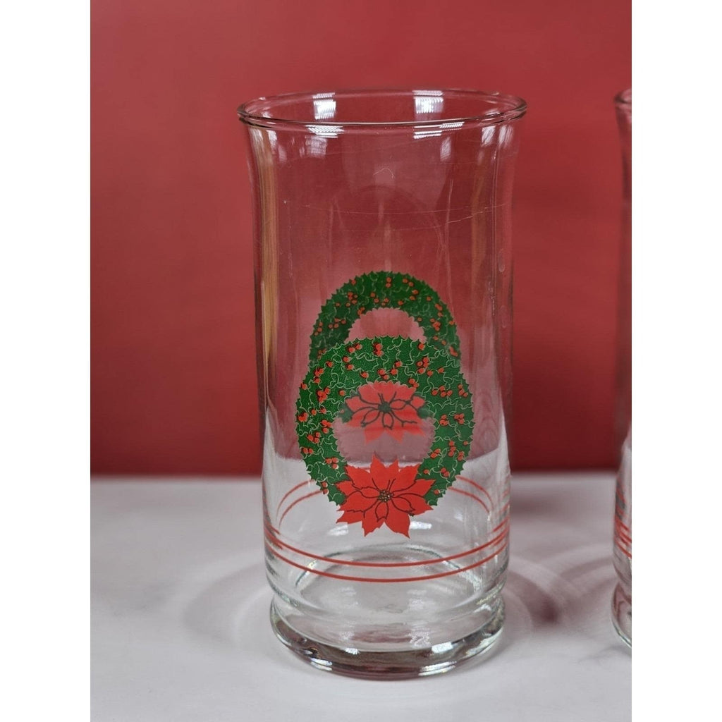 Vintage Libbey Christmas Glasses Set of 2 Holly Poinsettia Holiday Drinkware